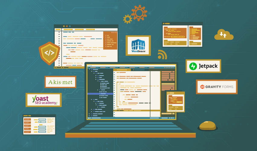 Graphic of WordPress plugins surrounding a laptop