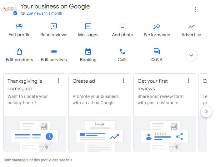 Culture Cube's Google Business Profile dashboard