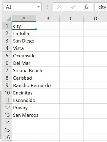 CSV file populated with city names